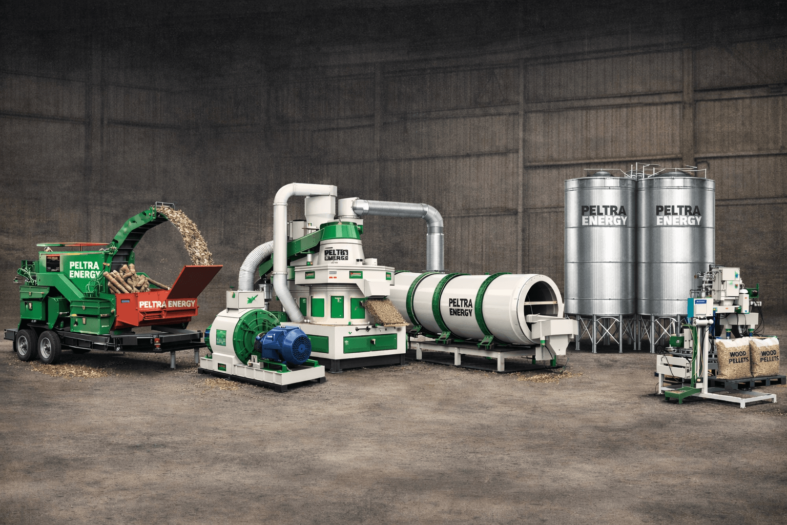 Biomass pellet plant machinery setup